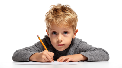 Boy doing homework with pencilTransparent background, PNG file