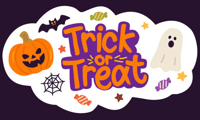Playful illustration featuring Halloween elements like ghost, pumpkin, bat, spiderweb, candy and text 