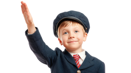Boy in uniform raising hand to answer questionTransparent background, PNG file