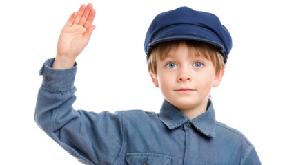 Boy in uniform raising hand to answer questionTransparent background, PNG file