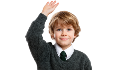 Boy in uniform raising hand to answer questionTransparent background, PNG file