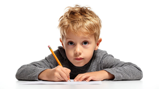 Boy doing homework with pencilTransparent background, PNG file