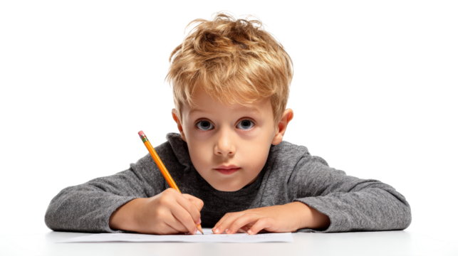 Boy doing homework with pencilTransparent background, PNG file