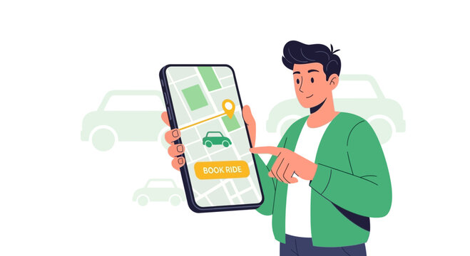 Booking a Ride: Man Using Smartphone App With Map for Transportation Services