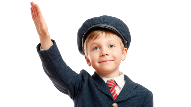 Boy in uniform raising hand to answer questionTransparent background, PNG file