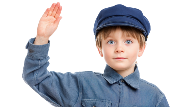 Boy in uniform raising hand to answer questionTransparent background, PNG file