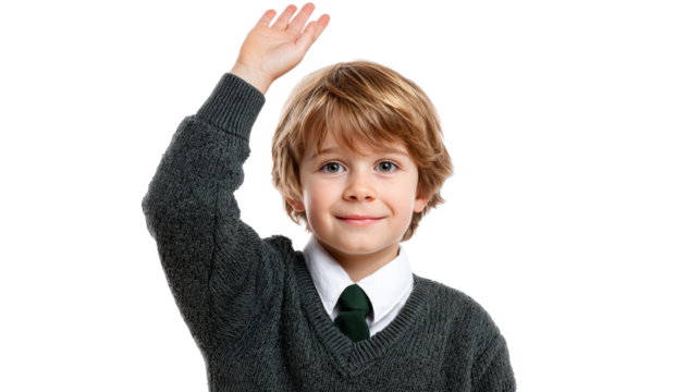 Boy in uniform raising hand to answer questionTransparent background, PNG file