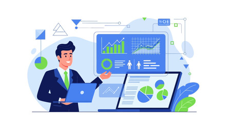 Business Analyst Presenting Data Analysis and Financial Report Visuals with Digital Devices