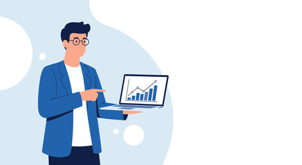 Business Analyst Presenting Financial Growth Data On A Laptop Screen With Statistics And Charts