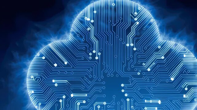 Endpoint security in cloud with glowing circuit tree silhouette and neon blue key, digital shield vibe and modern secure network concept