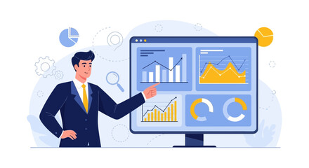 Business Analytics Professional Analyzing Charts and Data Displayed on Computer Screen
