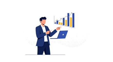 Business Leader Presenting Financial Data And Growth Charts With Modern Laptop Design