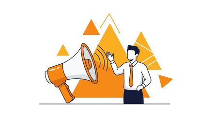 Business Announcement Illustration Depicting A Man Using A Loudspeaker For Communication