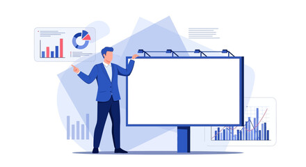 Business Man Presenting Data On Billboard Showcasing Company Growth And Marketing Strategy