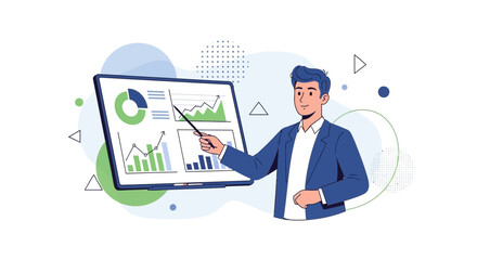 Business Professional Presenting Financial Data And Analytics On A Digital Display