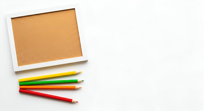 Corkboard in White Frame with Four Colored Pencils Yellow Green Orange and Red.