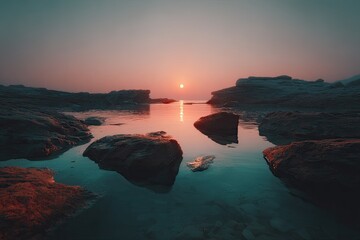 Sunrise over a calm, rocky shoreline.  Tranquil water reflects a vibrant sunset