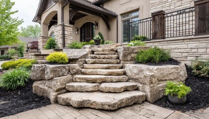 Stone steps leading up to a house entrance.