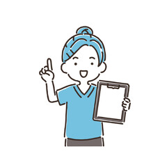 クリップボードを持ち人差し指を立てている若い女性看護師（シンプル）