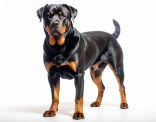 Obraz premium A powerful and alert Rottweiler dog standing proudly against a clean white studio background.