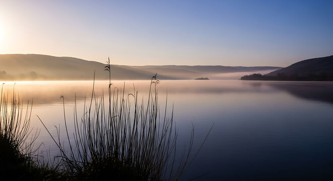 Lake morning mist with reeds in foreground
