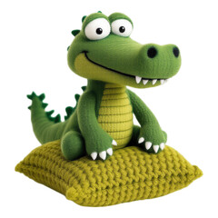 Fototapeta premium Cute green crocodile plush toy sitting on a knitted pillow.