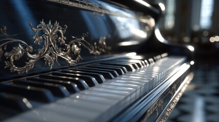 An ornate grand piano with intricate gold details and polished keys presents