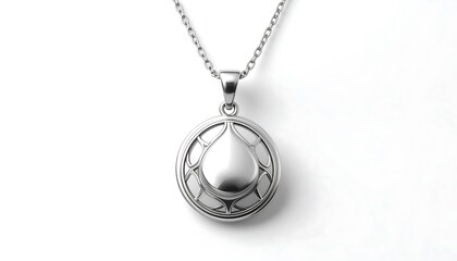 A polished silver pendant with a teardrop shape and intricate circular design hangs from a chain.