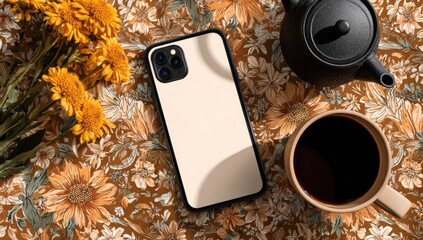 Cream-colored phone case on a floral tablecloth with coffee and tea.