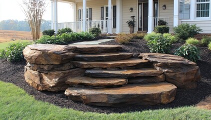 A set of natural stone steps flanked by large rocks.