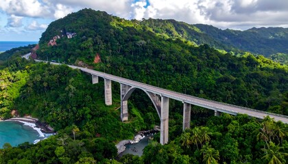 Obraz premium Lush tropical landscape with a majestic arch bridge