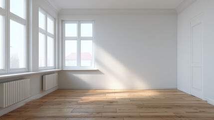 Obraz premium Window hardwood floor white wall empty room radiator sunlight interior create serene minimalist living space with natural ambient daylight