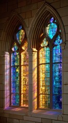 Light streams through colorful gothic stained glass windows in a stone wall creating vibrant glowing patterns