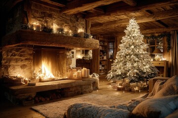 Obraz premium Cozy Christmas log cabin. Fireplace, candles, tree, gifts