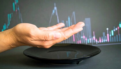 Hand presenting an empty plate with financial chart backdrop concept