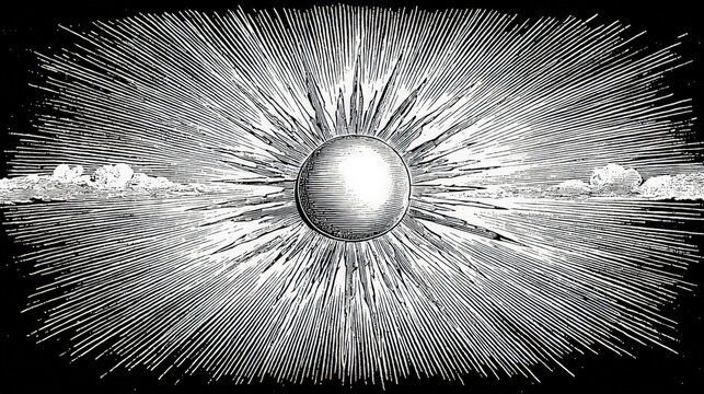 Artistic black and white illustration of a radiant sun with expressive lines and textured shading, creating a dynamic celestial scene with detailed atmospheric effects