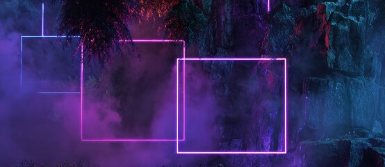 Foggy, neon landscape with geometric light framing trees and rockface, bathed in blue, violet and pink glow
