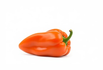 A vibrant orange bell pepper, glossy and smooth, sits alone against a stark white background,  colorful,  detail