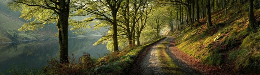 Naklejka premium Forest path glistens after rain, sunlight filtering through trees. Tranquil waters lie still to the left. A peaceful, natural scene
