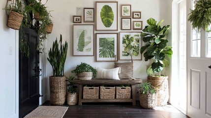Inviting entryway with gallery wall, bench, and lush greenery.