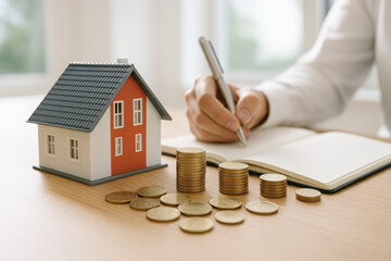 House model with stacked coins and person writing in notebook on table