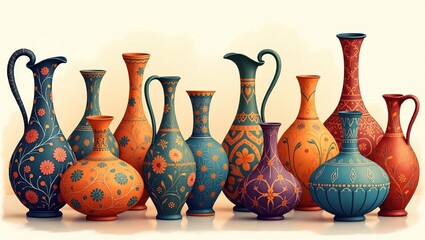 A collection of decorative ceramic jugs and vases, showcasing intricate floral and geometric patterns in warm and cool hues against a light background.