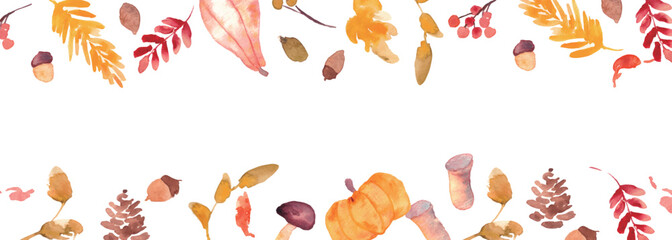 水彩画。水彩タッチの秋のベクターフレーム。秋の落ち葉と植物のセット。秋の植物とどんぐりのイラスト。Watercolor. Autumn vector frame with watercolor touch. Set of autumn fallen leaves and plants. Illustration of autumn plants and acorns.