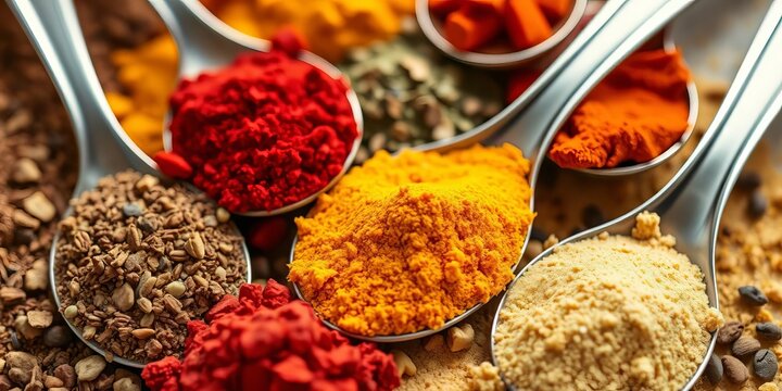 Close-up of colorful spices on spoons, showcasing diverse textures and hues, flavor, paprika - Powered by Adobe