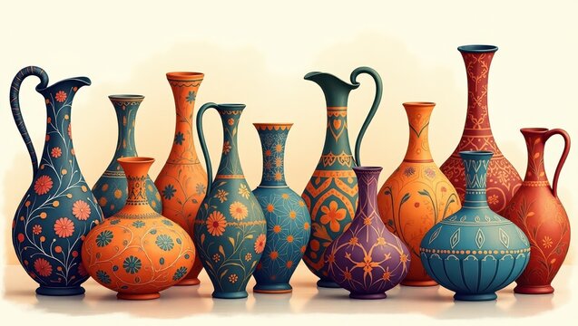 A collection of decorative ceramic jugs and vases, showcasing intricate floral and geometric patterns in warm and cool hues against a light background.