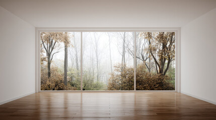 Fototapeta premium Empty room window wood forest mist autumn interior invites calm nature view through glass walls and wooden floor bathing space in soft light