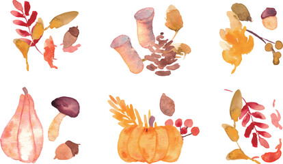 水彩画。水彩タッチの秋のベクターフレーム。秋の落ち葉と植物のセット。秋の植物とどんぐりのイラスト。Watercolor. Autumn vector frame with watercolor touch. Set of autumn fallen leaves and plants. Illustration of autumn plants and acorns.