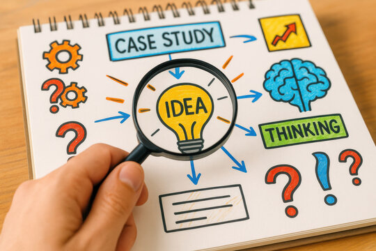 Hand holding magnifying glass over light bulb drawing with idea concept and case study