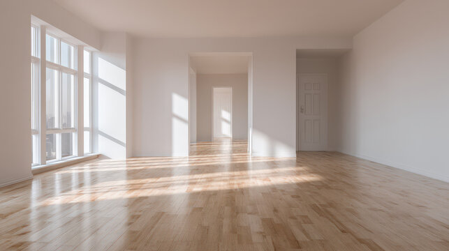 Hardwood floor minimalism natural light open concept modern interior spacious empty room flooded with sunlight through large windows evoking