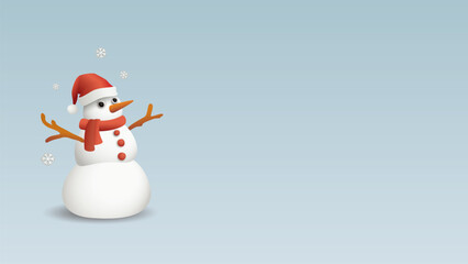 3D freaky snowman wearing Santa hat and snowflake with light blue horizontal background graphic illustration have blank space.